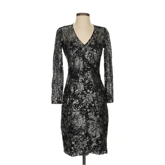 LELA ROSE Black Silver Dusted Long Sleeve Lace Dress Size 4 Silk Lined - Picture 1 of 4